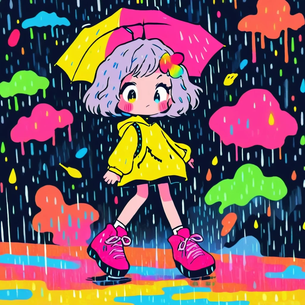 Girl dancing in the rain、Neon color、Pop Art Style、(Highest quality、4K、8K、High resolution、masterpiece:1.2)、Super detailed、(Real、Photorealistic、Photorealistic:1.37)、Bright colors、Dramatic lighting、Rain effect、umbrella、City lights、Motion Blur、Dynamic pose、Colorful Dresses、Glowing neon signs