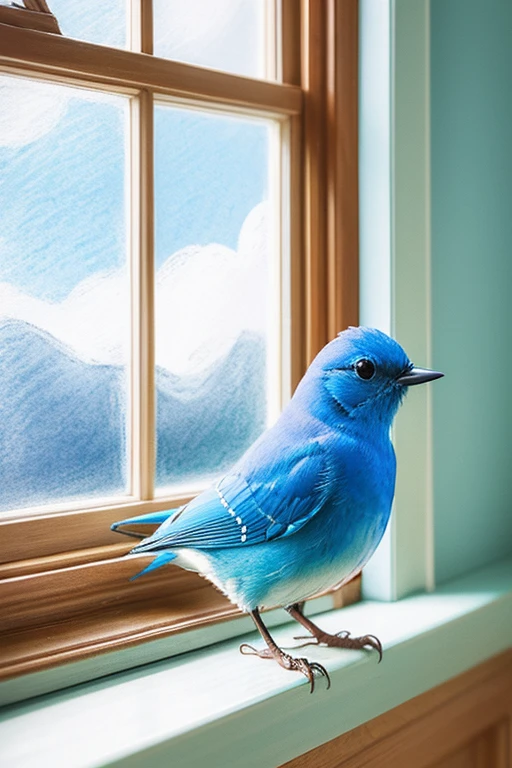 A bluebird is singing on the window sill Fantasy Picture book style Pastel drawing