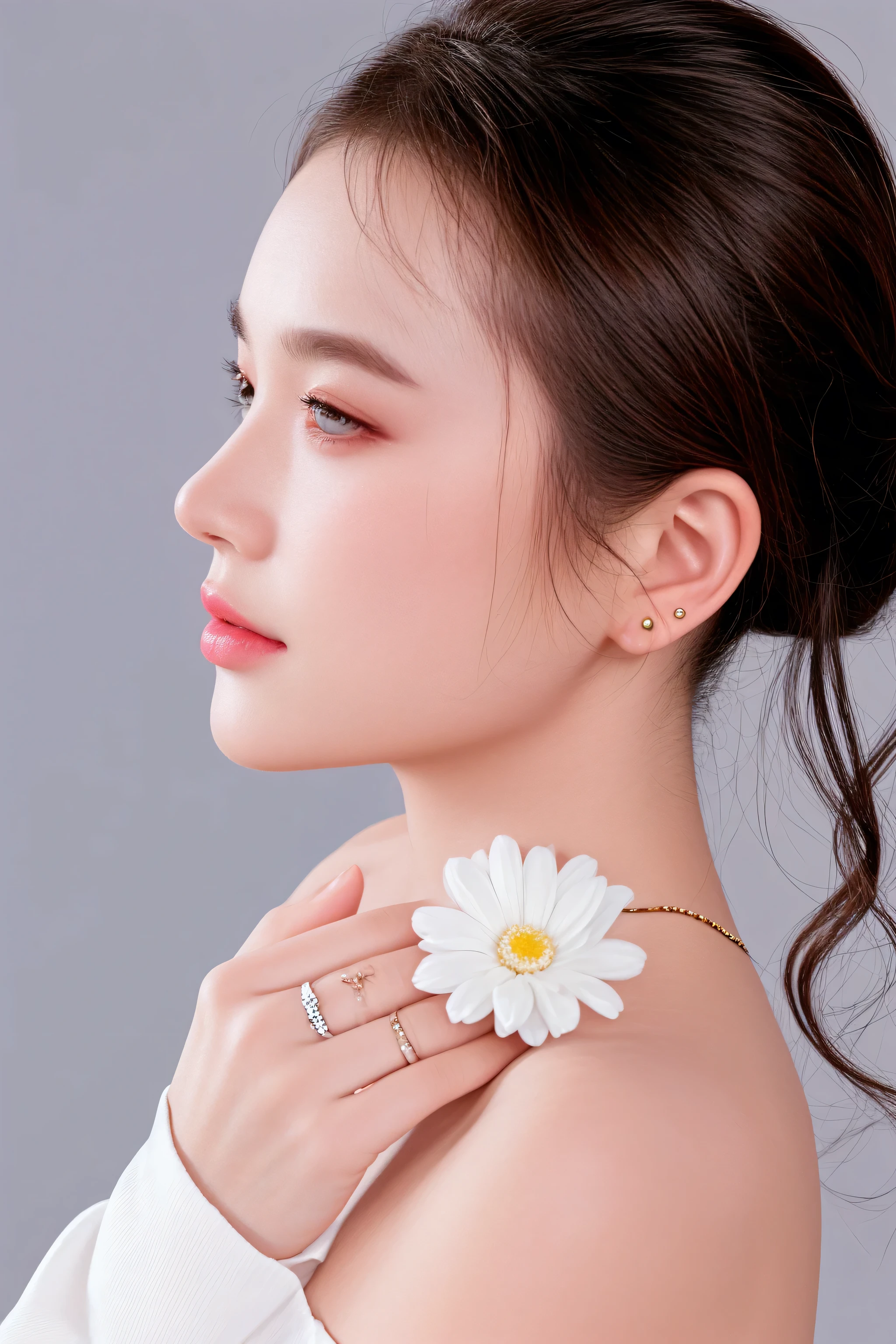 there is a woman with a flower in her hair and a ring on her neck, pale milky white porcelain skin, wearing pearl earrings, flower, earring, wearing elegant jewellery, symetrical japanese pearl, girl with a pearl earringl, inspired by Huang Ji, giant white daisy flower face, captured on canon eos r 6, photo taken with nikon d750