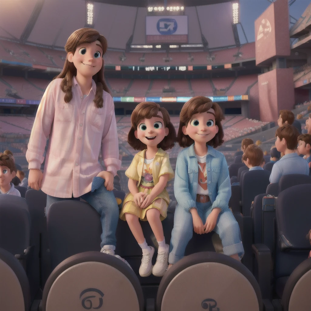 A couple with two kids sitting in stadium, high quality photo, group photo, group portrait, commissioned, 8k quality, photo realistic in disney pixar style. high quality, 8k, master piece, 3d disney, disney pixar