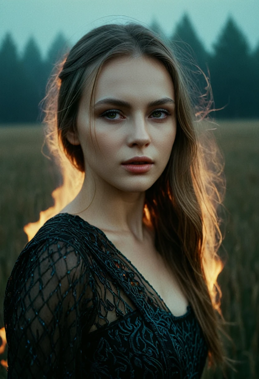 "memories are the water of life" (Misterious mood Soft Lighting Photography), stunning medium format analog photo, TWbabeXL01 beautiful (woman), A beautiful ((evil slavic woman)), pale skin, long dark blond hair, over the shoulde wide view, black over black background, highly detailed, detailed realistic photography, masterpiece half-body photo, finely detailed skin, emotional, professional color grading, epiCPhoto, OverallDetailXL analog grain, Fujifilm Astia, low contrast, OverallDetailXL, dark fantasy, photo dress that has the patterns of burning fire, standing in a foggy field, liminal lighting, dslr, detailed quality, face covered by dark veil