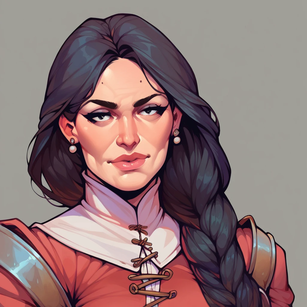 high quality, extremely detailed quality, 1girl, alone, 18 year old woman, a woman with a long black hair, straight hair, sexy face, the woman wears white earrings, medieval clothing, simple background,
