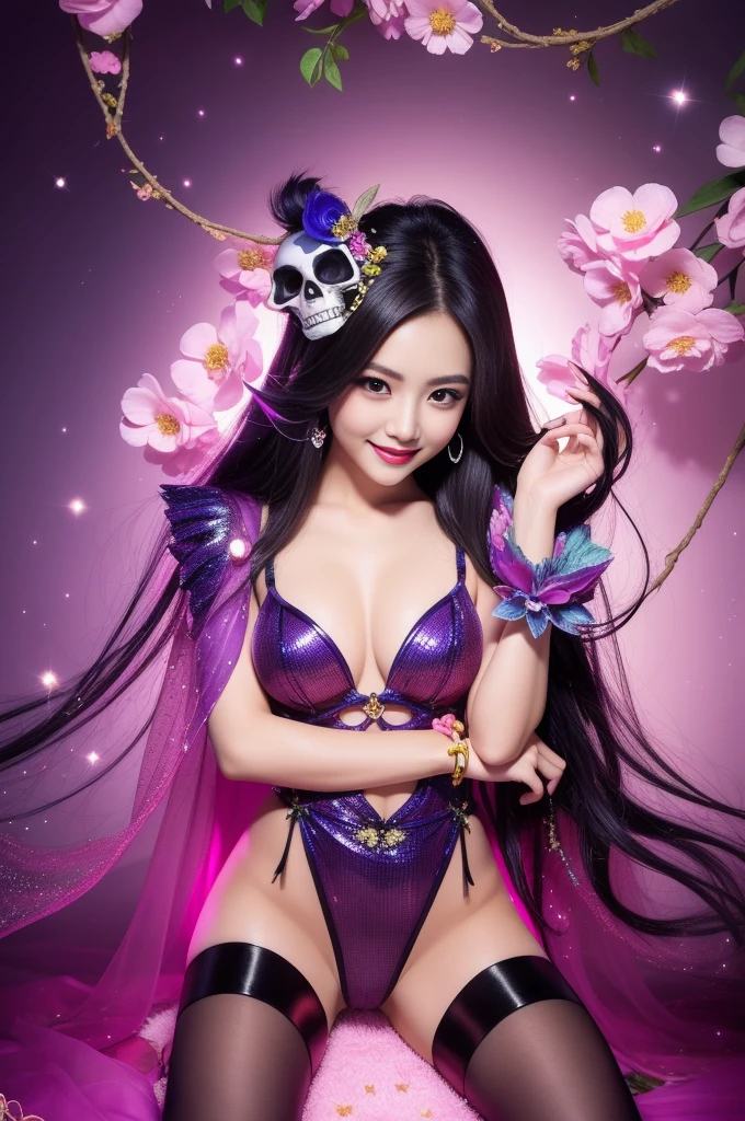  Thai model who controls poison、beautiful smile、lipgloss、bold lipstick、intense makeup、look at the camera、full body Esbian、、sparkling poisoned flower costume、、、、sparkling Colorful hair、secrete poison、skull hair accessories、sexy tights、shiny sparkling flowers background