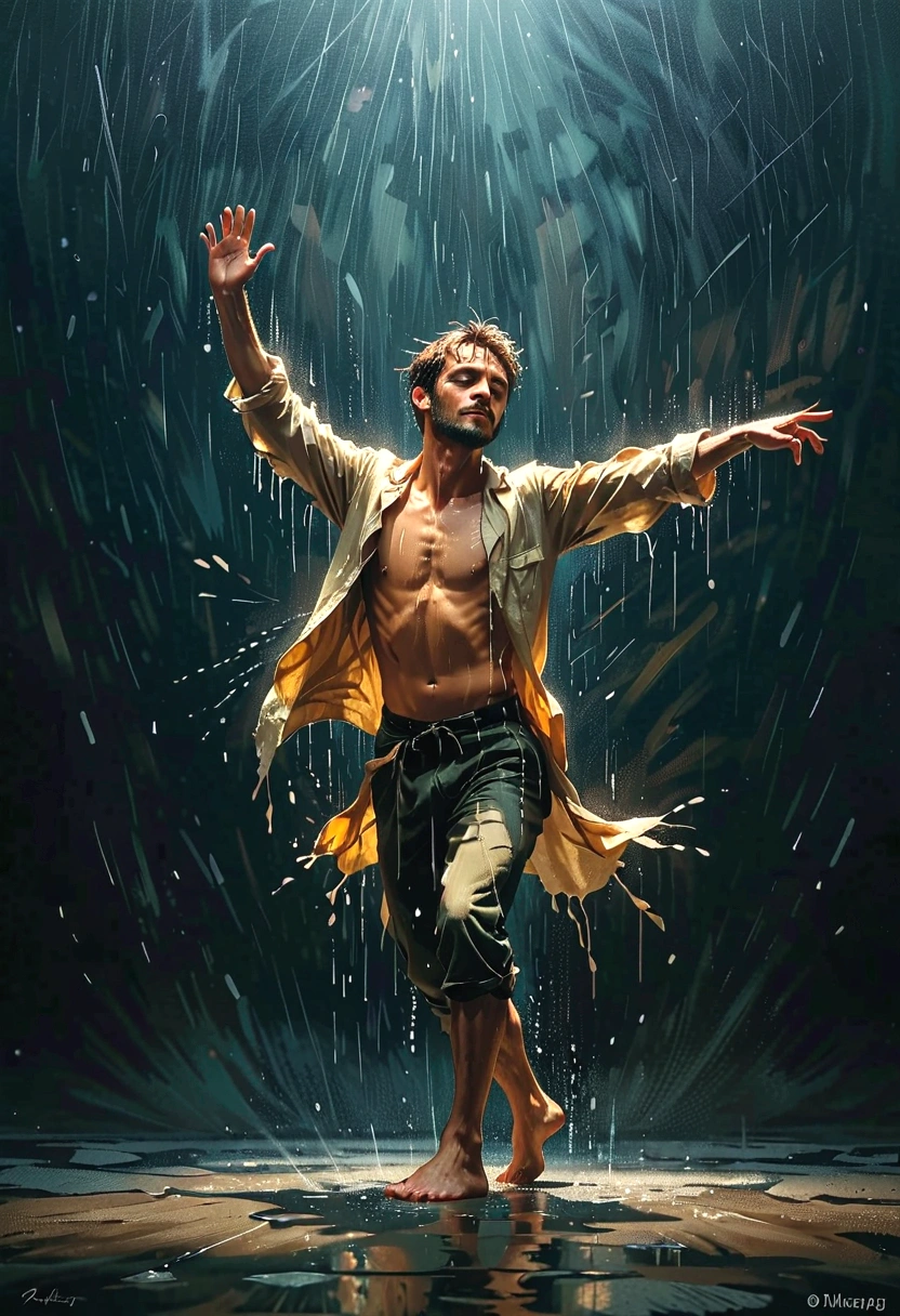 Soul Dancer Mark,A homeless man dancing alone in the rain,soul,Barefoot,Loose and worn clothes,Professional ballet movements,Fingertips 1 butterfly,Very contagious,Splash,Light and Shadow,Minimalism,artistic conception,Clean background