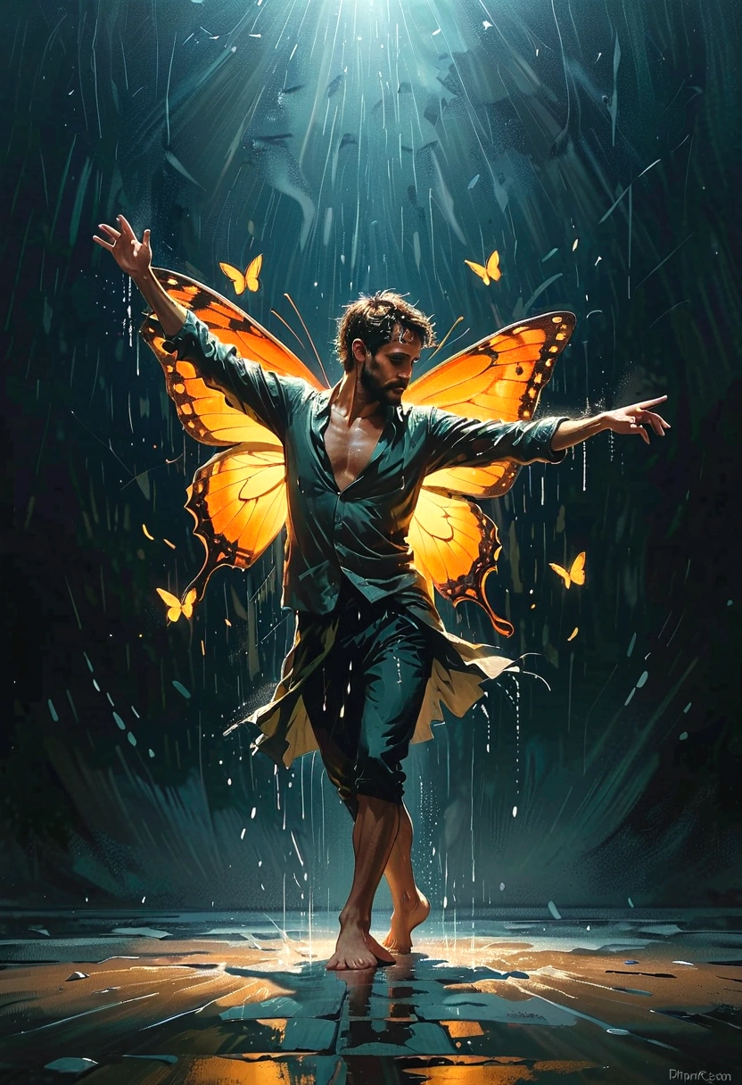 Soul Dancer Mark,A homeless man dancing alone in the rain，soul，Barefoot，Loose and worn clothes，Professional ballet movements，Fingertips 1 butterfly，Very contagious，Splash，Light and Shadow，Minimalism，artistic conception，Clean background