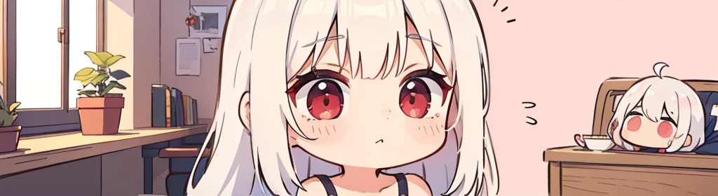 (((1girl:1.5))), white hair, red eyes, long hair, (collarbone:1.4), (2d, chibi, cute, cute, small , big eyes), skin color white, think about something, background/(in the room , pink girl&#39;s room, bed, soft lighting)