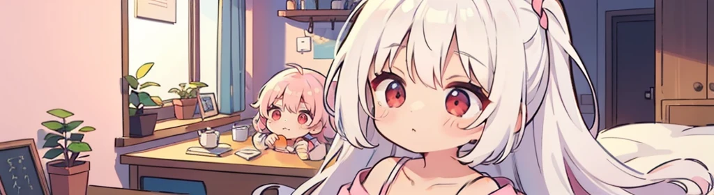 (((1girl:1.5))), white hair, red eyes, long hair, (collarbone:1.4), (2d, chibi, cute, cute, small , big eyes), skin color white, think about something, background/(in the room , pink girl&#39;s room, bed, soft lighting)