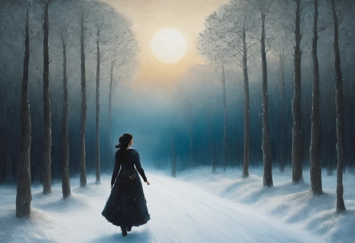 painting of a woman in dress walking through a snowy forest, persian folktale artstyle, inspired by Ruth Sanderson,whimsical fabulous landscape art, winter scene fantasy, stylized digital illustration, a beautiful artwork illustration, dreamlike digital painting, persian folklore illustration, digital fantasy illustration, painting of a dreamscape, dreamy illustration, allegory of winter, OverallDetailXL, in the style of nicola samori