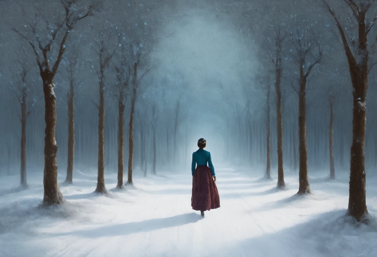 painting of a woman in dress walking through a snowy forest, persian folktale artstyle, inspired by Ruth Sanderson,whimsical fabulous landscape art, winter scene fantasy, stylized digital illustration, a beautiful artwork illustration, dreamlike digital painting, persian folklore illustration, digital fantasy illustration, painting of a dreamscape, dreamy illustration, allegory of winter, OverallDetailXL, in the style of nicola samori