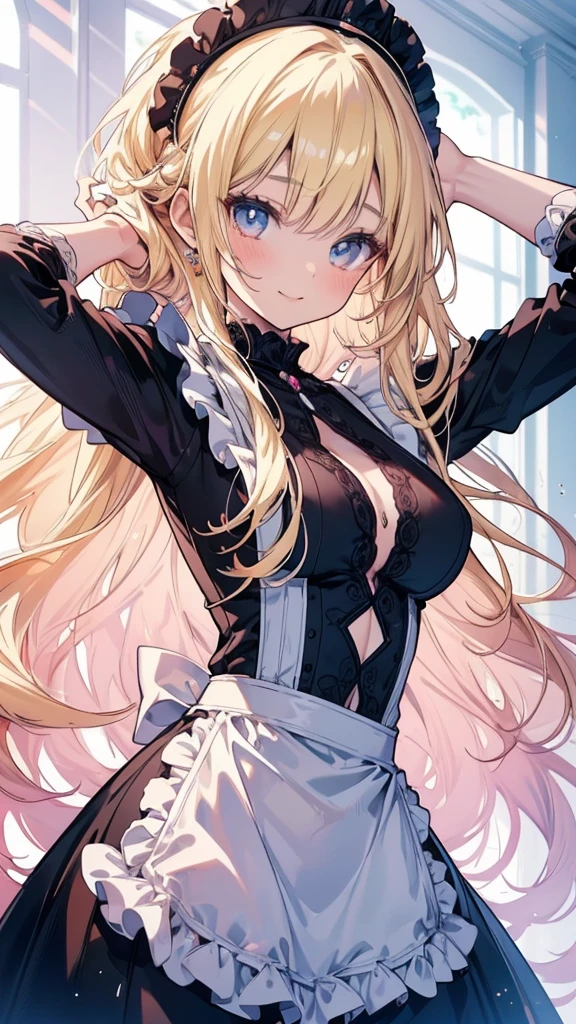 18 year old beautiful girl, Big eyes, Large Breasts, Small and slim, 8K, Highest quality, (Highly detailed head: 1.0), (Highly detailed face: 1.0), (Very fine hair: 1.0), Maid clothes, Highly detailed official artwork, Anime Moe Art Style, Beautiful and detailed anime art, smile, Blonde, sleek long hair