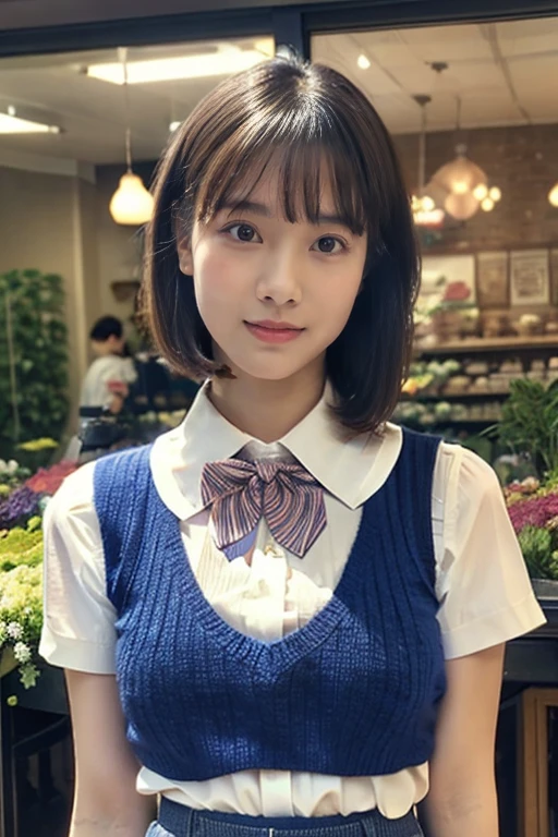 (masterpiece:1.2, Highest quality), (Realistic, photoRealistic:1.4), Beautiful illustrations, (Natural Side Lighting, Cinema Lighting), Written boundary depth,
Looking at the audience, (Face Focus, Upper Body), Front view, 1 Girl, English, high school girl, , Perfect Face, Cute symmetrical face, Shiny skin,
(Bob Hair:1.7,blonde), Asymmetrical bangs, Big eyes, Droopy eyes, long eyelashes chest), thin,
Beautiful Hair, Beautiful Face, Beautiful and beautiful eyes, Beautiful clavicle, Beautiful body, Beautiful breasts, Beautiful thighs, Beautiful legs, Beautiful fingers,
((High-quality fabric, brown knit vest, Short sleeve white collar shirt, Navy Pleated Skirt, Navy bow tie)),
(Beautiful views), evening, (Inside the flower shop), Are standing, (smile, Superior, Open your mouth), (((Skirt flip, I can see your pants)))