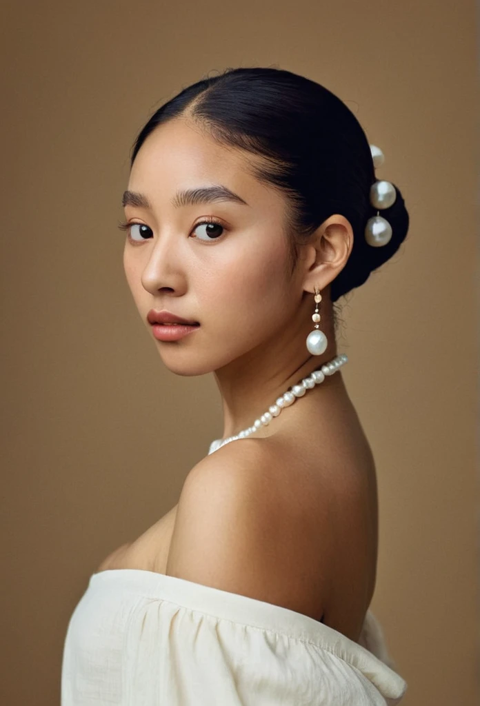 A photo of a woman. Facing forwards. Mixed race woman, Korean Nigerian. Pose is inspired by Girl with a pearl earring. Top pulled down to show a bare shoulder