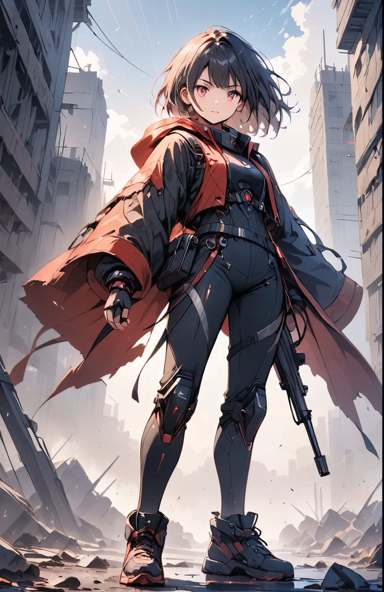 (anime style:1.4),超High resolution, Attention to detail, high quality, High resolution, 最high quality, 4K, 8K,A young female warrior in a high-tech black powered exosuit with glowing red LED accents, standing on rubble in a post-apocalyptic setting, photorealistic anime style, short black bob hairstyle, glowing red eyes, holding a rifle in one hand, ((wearing a tattered, billowing robe that is heavily damaged and frayed)), confident and fierce expression