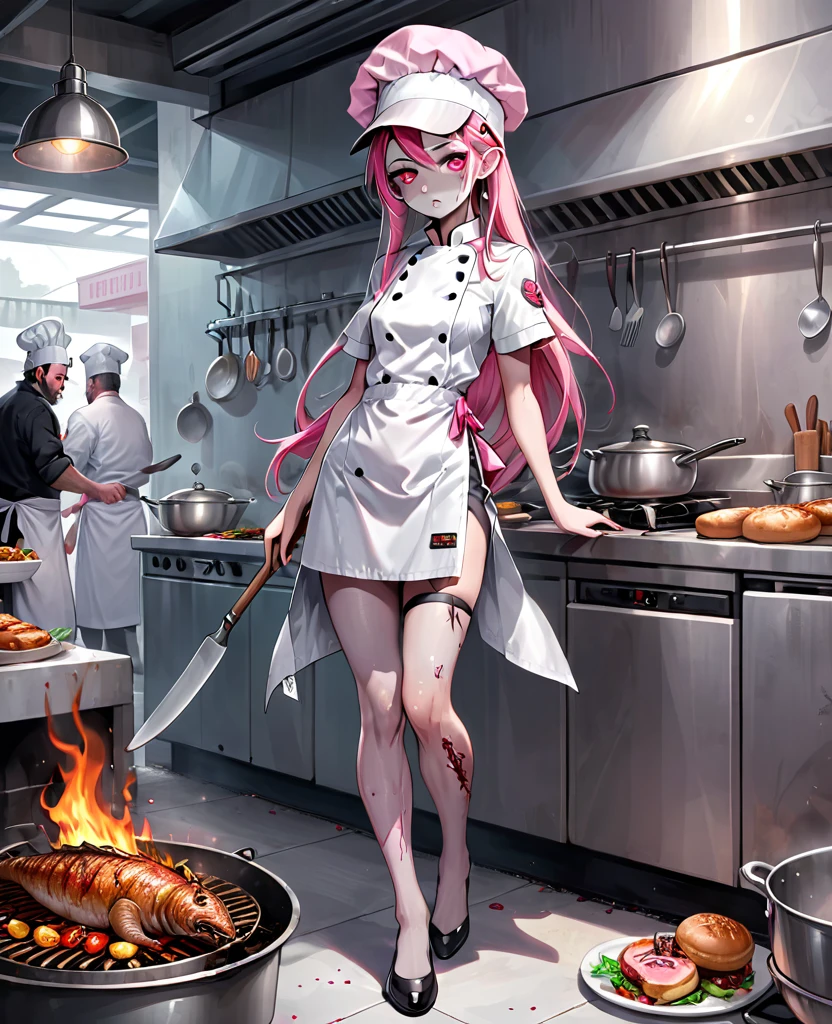 NSFW,(Highest quality:1.3), (Top performance:1.2), (Best illustrations:1.2),(detailed:1.0),whole body,Full Art,Elf,Zombie Girl,Grey Skin,Seam on right side of face,One ,Pink Hair,Long Straight Hair,Chignon Cap,Pink Eyes,Stagnant eyes,white hunting hat,Chef&#39;s uniform in cheongsam,Huge breasts,Too big breasts,Grin,Thick thighs