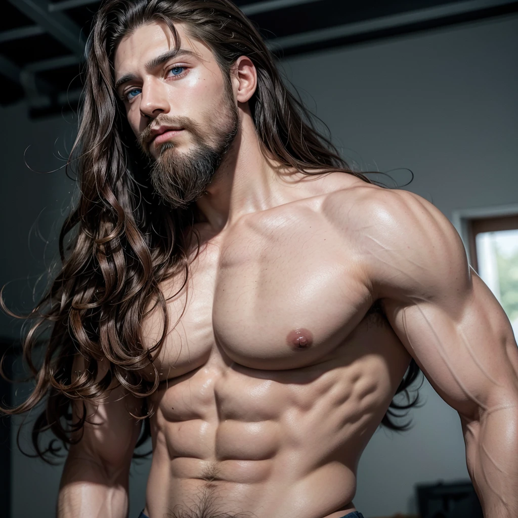 Muscle god blue eyes long hair curly hair beard