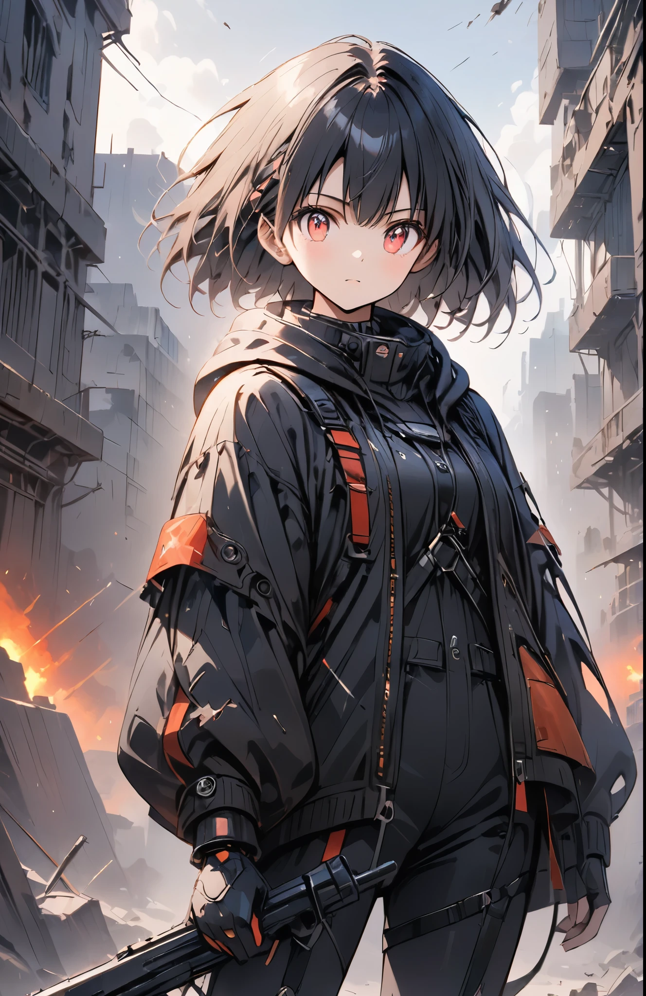 (anime style:1.4),超High resolution, Attention to detail, high quality, High resolution, 最high quality, 4K, 8K,A young female warrior in a high-tech black powered exosuit with glowing red LED accents, standing on rubble in a post-apocalyptic setting, photorealistic anime style, short black bob hairstyle, glowing red eyes, holding a rifle in one hand, ((wearing a tattered, billowing robe that is heavily damaged and frayed)), confident and fierce expression