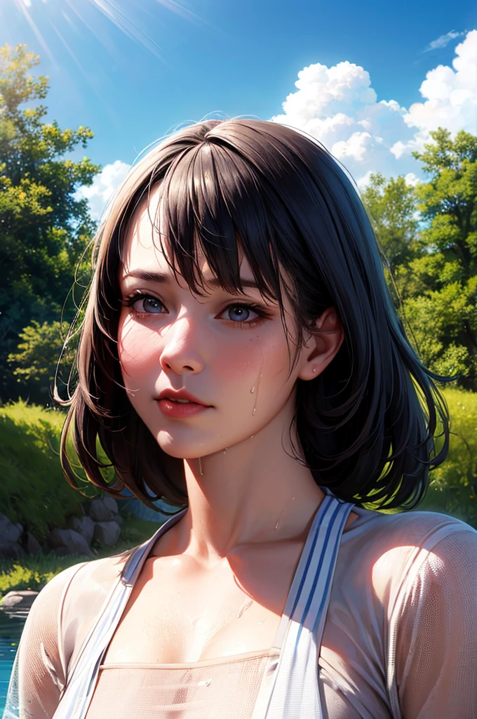 water, Wet, waterしぶき, liquid, sunny, Day, blue sky, cloud, nature, nature環境, (Character Focus:1.1), Sharp focus, Realistic, Very detailed, Super detailed, Highest quality, Highest quality, Realistic lighting, Super detailedな, Hyperrealism, Greg Rutkowski