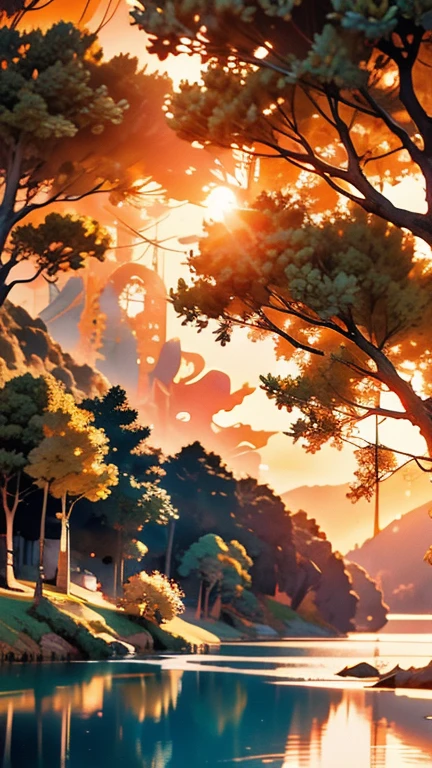 This is a beautiful landscape photo of a village by a lake during sunset. The sky is orange and the sun is shining through the trees, creating a warm and serene atmosphere. 4k, anime