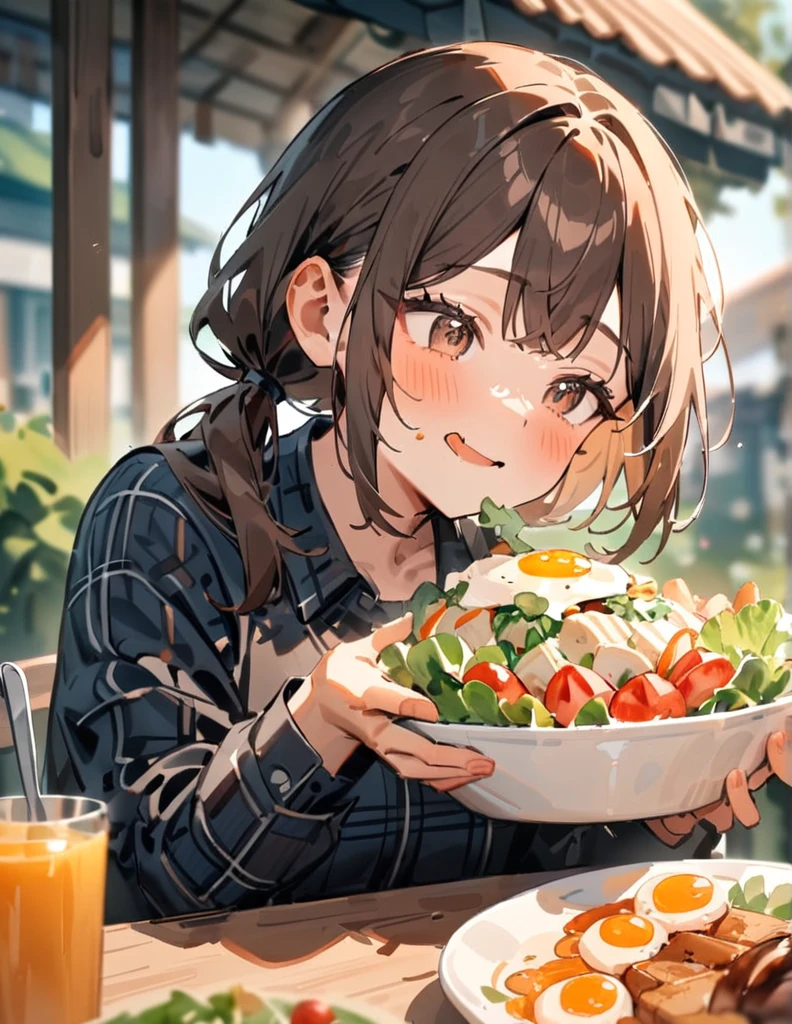 Masterpiece, best quality, very beautiful, high resolution, newest, 1 girl, solo, low ponytail, brown eyes, brown hair, tartan plaid shirt, long sleeves, little smile, holding, upper body, outdoors, slightly open lips, food, daytime, blurry, from the front, salad, bowl, depth of field, blurry background, sunlight, eating salad, looking delicious, breakfast, holding a fork.