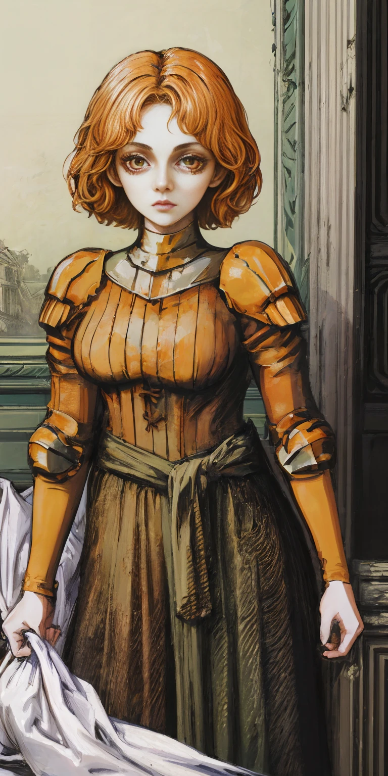 funger, very detailed illustration, 1girl, big breasts, highres, high quality, masterpiece, looking at viewer, (knight), orange hair, absurdres, ultra-detailed, short hair