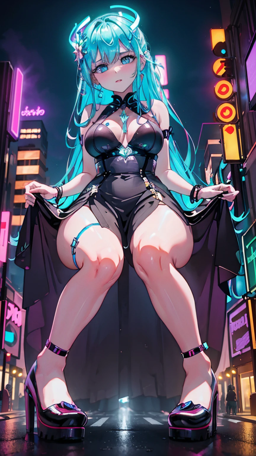 Amidst a neon-lit cityscape, seen from a busy intersection, the Giantess Goddess with translucent skin and multi-colored eyes moves with ethereal grace in a glowing, holographic dress. Normal-sized humans are caught in her path, their cries of pain and fear only fueling her otherworldly delight as she crushes them underfoot.