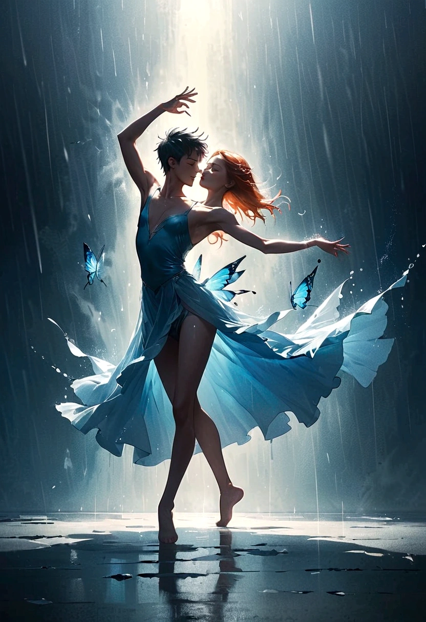 Soul Dancer Mark,A homeless man dancing alone in the rain，soul，Barefoot，Loose and worn clothes，Professional ballet movements，Fingertips 1 butterfly，Long legs，Very contagious，Splash，Light and Shadow，Minimalism，artistic conception，Clean background
