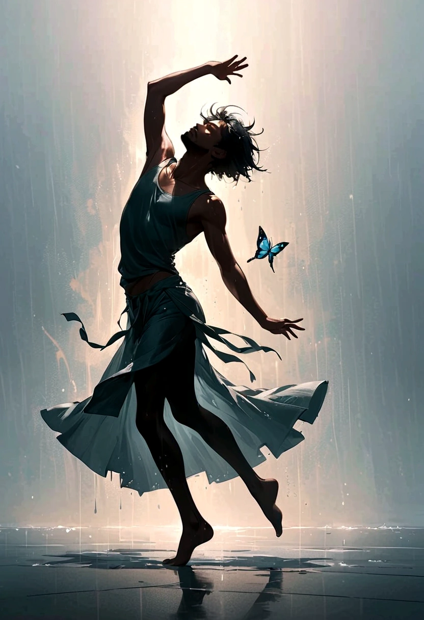 Soul Dancer Mark,A homeless man dancing alone in the rain,soul,Barefoot,Loose and worn clothes,Professional ballet movements,Fingertips 1 butterfly,Long legs,Very contagious,Splash,Light and Shadow,Minimalism,artistic conception,Clean background