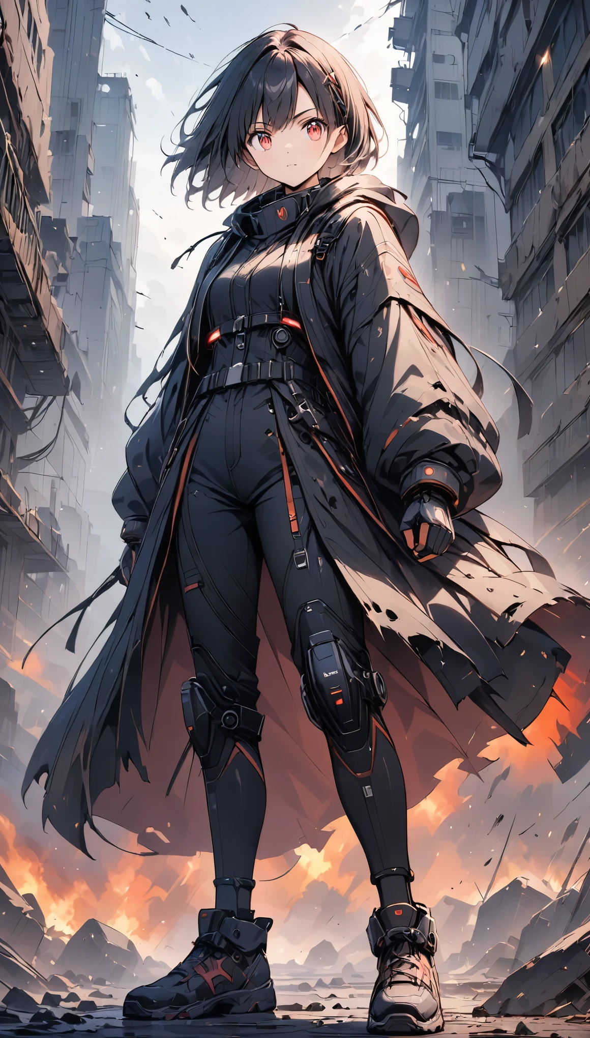 (anime style:1.4),超High resolution, Attention to detail, high quality, High resolution, 最high quality, 4K, 8K,A young female warrior in a high-tech black powered exosuit with glowing red LED accents, standing on rubble in a post-apocalyptic setting, photorealistic anime style, short black bob hairstyle, glowing red eyes, holding a rifle in one hand, ((wearing a tattered, billowing robe that is heavily damaged and frayed)), confident and fierce expression,かわいい