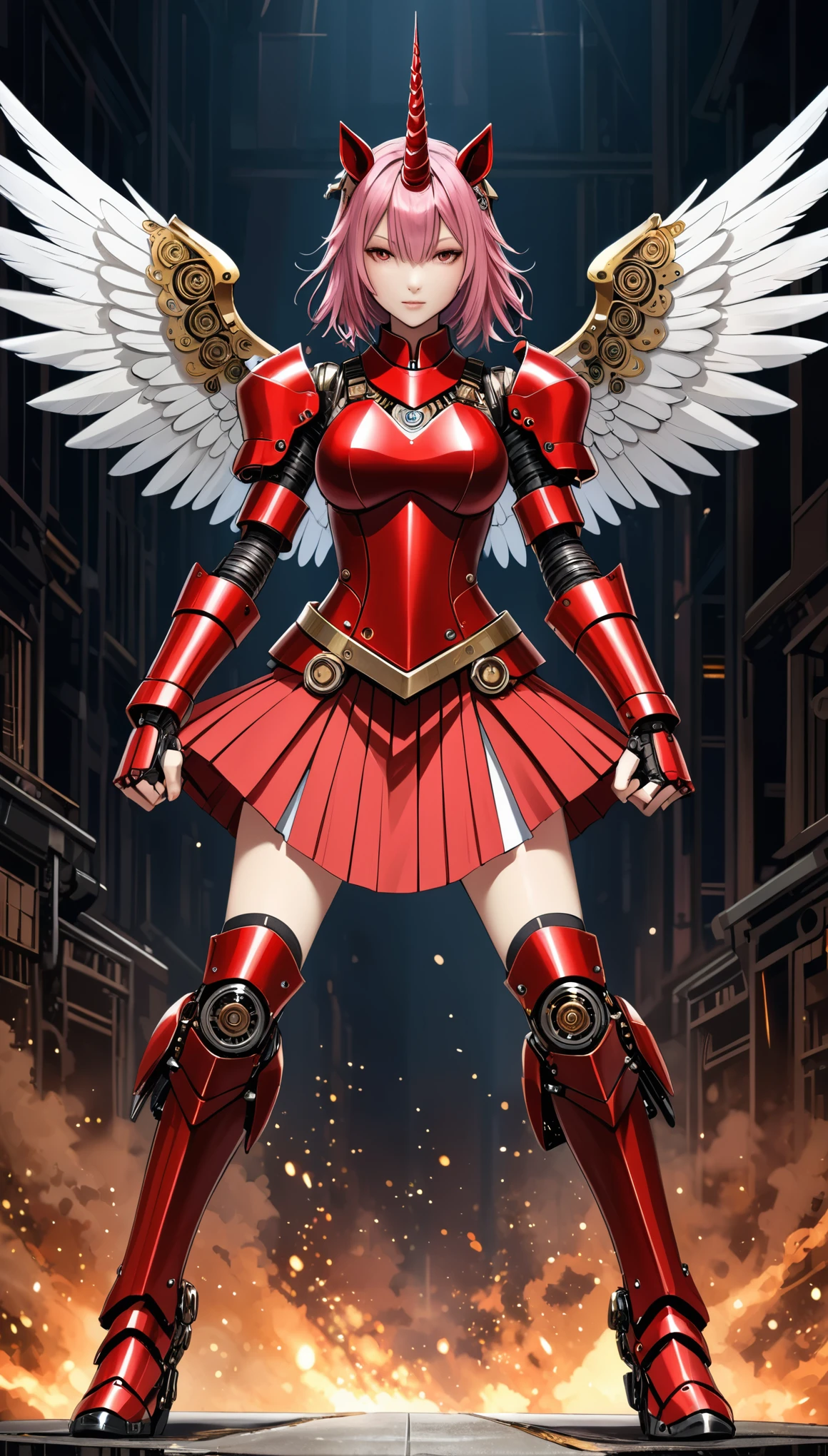 unicorn horn,metal spiral sharp corners,in style of Santiago Caruso,
mechanical angel wings,mechanical_halo,1 girl,mechanical wrist,mechanical skirt with pleated skirt,(huge makeover mechanical fists:1.5),the fist flashed red,
