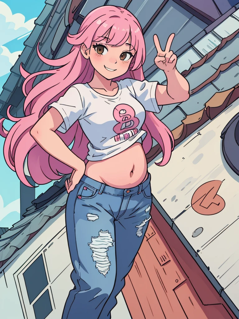 girl, long pink hair, white t-shirt, blue jeans, brown eyes, high res, ultrasharp, 8K, masterpiece, small breasts, ((full belly)), smiling, looking at viewer, one hand on the hip one hand doing peace sign, rooftop,
