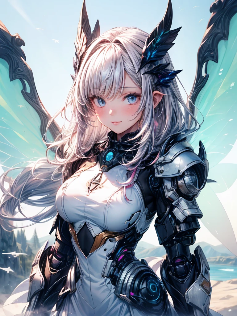 (1 Girl: 1.0),
(Age 25:1.0), (Medium Chest: 1.2), (Pink medium hair:1.0),
(Beautiful Face:1.1), (Clear blue little eyes: 1.0), (Cybernetic female robot: 1.0), (Very detailed mech suit:1.0),
(White Gothic Breastplate:1.0), (Doll joints: 1.0), (Gorgeous and modest white wizard dress skirt:1.1),
(Decorative embroidery:1.0), (White luxury dress:1.1), (iridescent holographic fairy wings:1.3), (Flight:1.1), (A kind smile:1.0),
An image of a female android Flight low over an undulating grassy field. The mountain behind her々々There is, Blue sky and lake. Shining from above in the midday sun.
Highest quality, masterpiece, (Watercolor style:1.2)