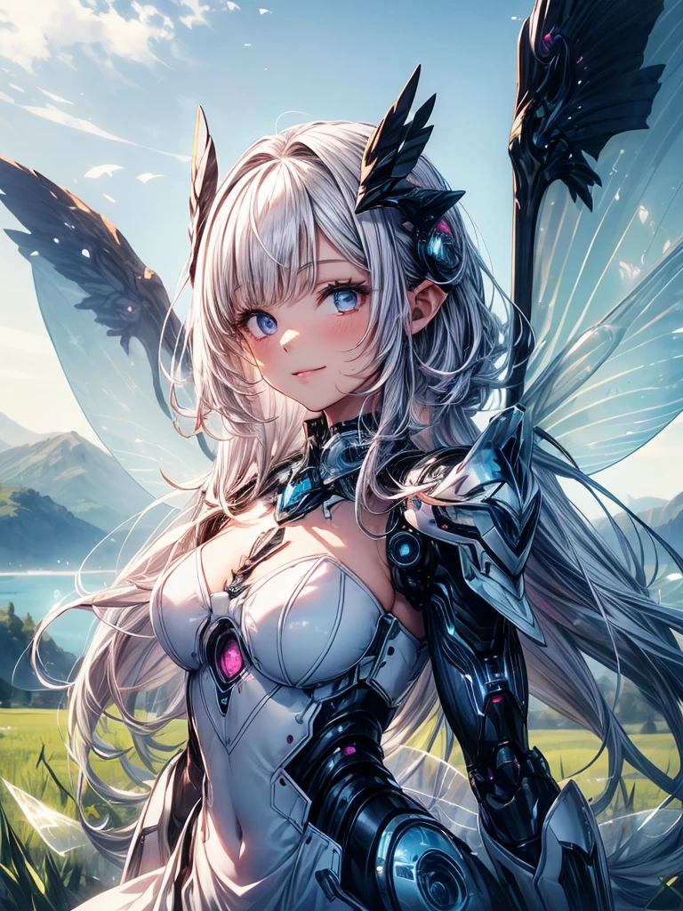 (1 Girl: 1.0),
(Age 25:1.0), (Medium Chest: 1.2), (Pink medium hair:1.0),
(Beautiful Face:1.1), (Clear blue little eyes: 1.0), (Cybernetic female robot: 1.0), (Very detailed mech suit:1.0),
(White Gothic Breastplate:1.0), (Doll joints: 1.0), (Gorgeous and modest white wizard dress skirt:1.1),
(Decorative embroidery:1.0), (White luxury dress:1.1), (iridescent holographic fairy wings:1.3), (Flight:1.1), (A kind smile:1.0),
An image of a female android Flight low over an undulating grassy field. The mountain behind her々々There is, Blue sky and lake. Shining from above in the midday sun.
Highest quality, masterpiece, (Watercolor style:1.2)