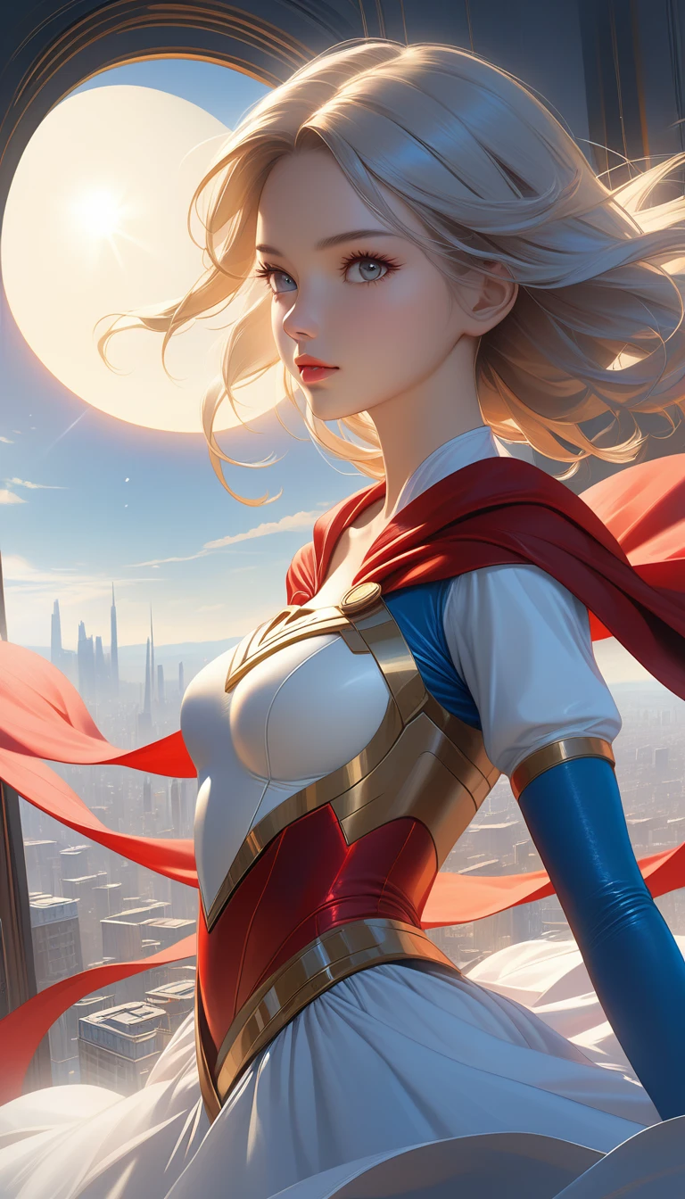 Super Girl, Over the city, Ready to fight, Detailed artistic photography, Beautiful and delicate face, Dreamy, glowing, Backlight, charm, glow, shadow, Oil on canvas, Brushstrokes, Soft, Ultra HD, 8K, Unreal Engine 5, Super sharp focus, Atjem, Loish, Science Fiction, complex art masterpiece, threaten, Matte paint movie poster, Golden Ratio, cgsociety Trends, complex, epic, Very detailed, Energetic, Creating a character render, High quality model  