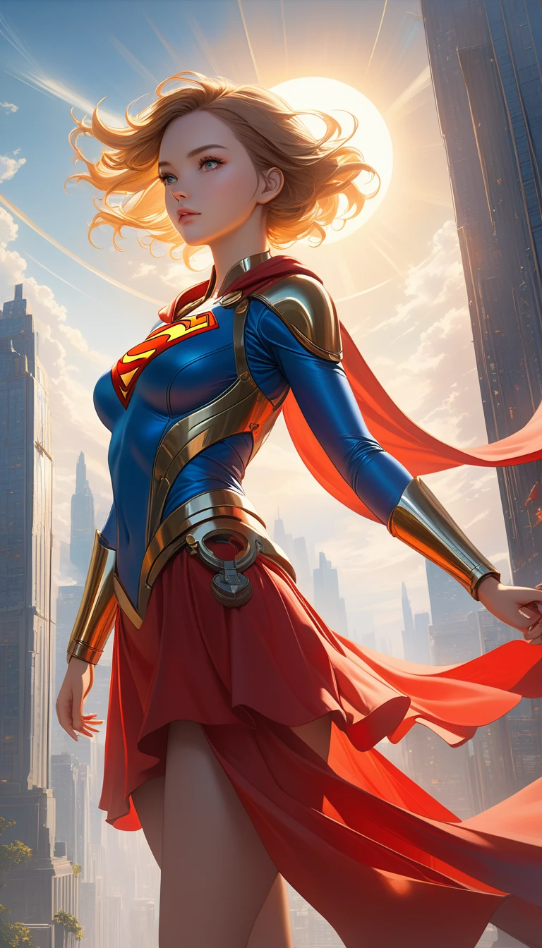 Super Girl, Over the city, Ready to fight, Detailed artistic photography, Beautiful and delicate face, Dreamy, glowing, Backlight, charm, glow, shadow, Oil on canvas, Brushstrokes, Soft, Ultra HD, 8K, Unreal Engine 5, Super sharp focus, Atjem, Loish, Science Fiction, complex art masterpiece, threaten, Matte paint movie poster, Golden Ratio, cgsociety Trends, complex, epic, Very detailed, Energetic, Creating a character render, High quality model  