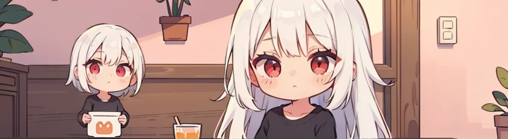 (((1girl:1.5))), white hair, red eyes, long hair, (collarbone:1.4), (2d, chibi, cute, cute, small , big eyes), skin color white, think about something, background/(in the room , pink girl's room, bed, soft lighting)