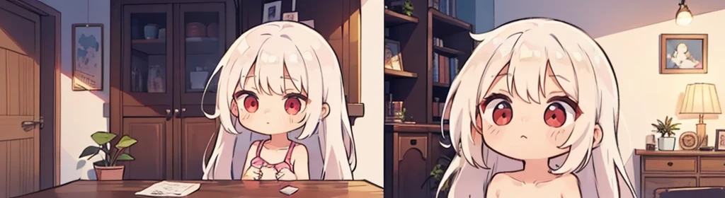 (((1girl:1.5))), white hair, red eyes, long hair, (collarbone:1.4), (2d, chibi, cute, cute, small , big eyes), skin color white, think about something, background/(in the room , pink girl's room, bed, soft lighting)