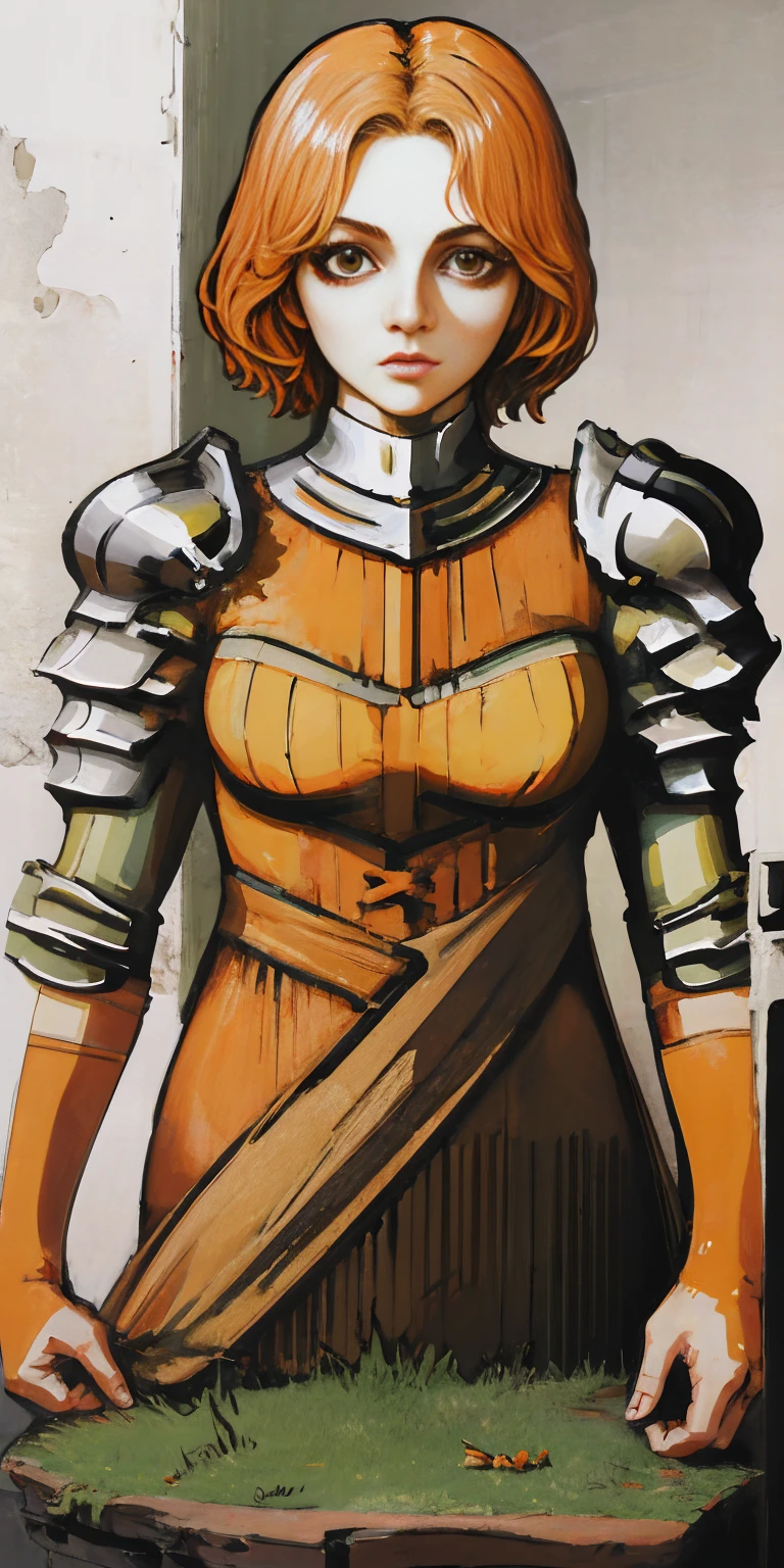 funger, very detailed illustration, 1girl, big breasts, highres, high quality, masterpiece, looking at viewer, (knight), orange hair, absurdres, ultra-detailed, short hair