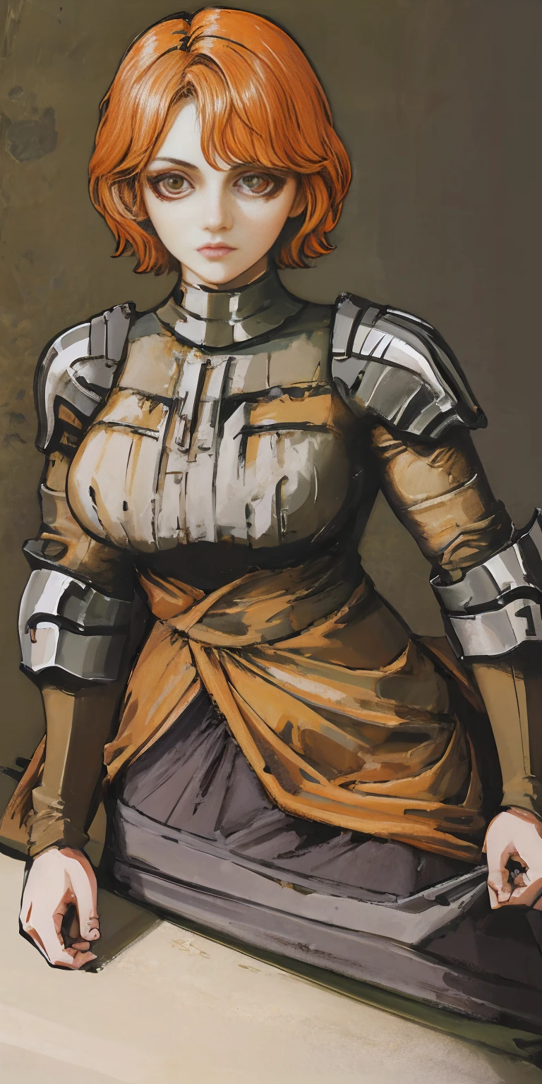 funger, very detailed illustration, 1girl, big breasts, highres, high quality, masterpiece, looking at viewer, (knight), orange hair, absurdres, ultra-detailed, short hair