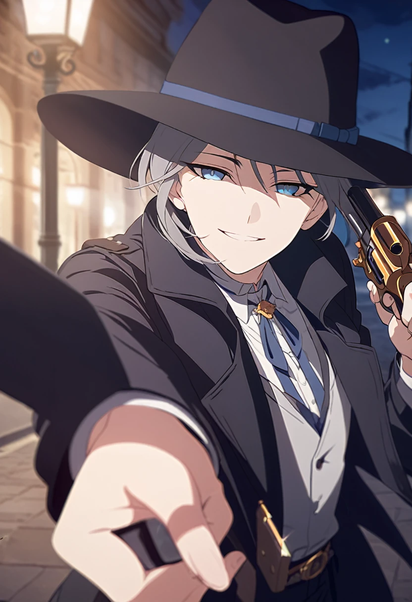 masterpiece,best quality,depth of field,8K,looking at the viewer,dark gray hair,blue eyes,man,close,Street lamp,black long coat,square black panama hat,Antique and stylish revolver pistol,smiling,male,(charismatic eyes 1;1),wseifuku,chic,pointing a pistol at the viewer