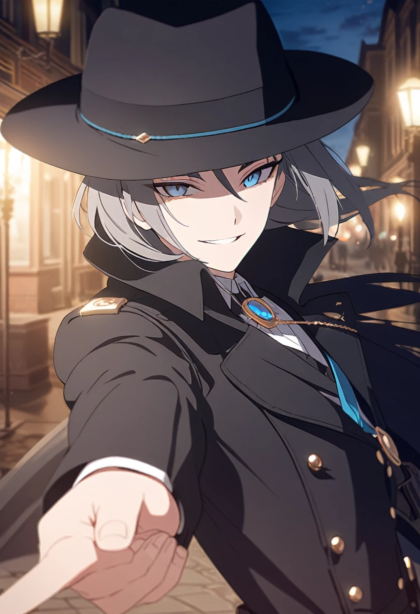 masterpiece,best quality,depth of field,8K,looking at the viewer,dark gray hair,blue eyes,man,close,Street lamp,black long coat,square black panama hat,Antique and stylish revolver pistol,smiling,male,(charismatic eyes 1;1),wseifuku,chic,pointing a pistol at the viewer