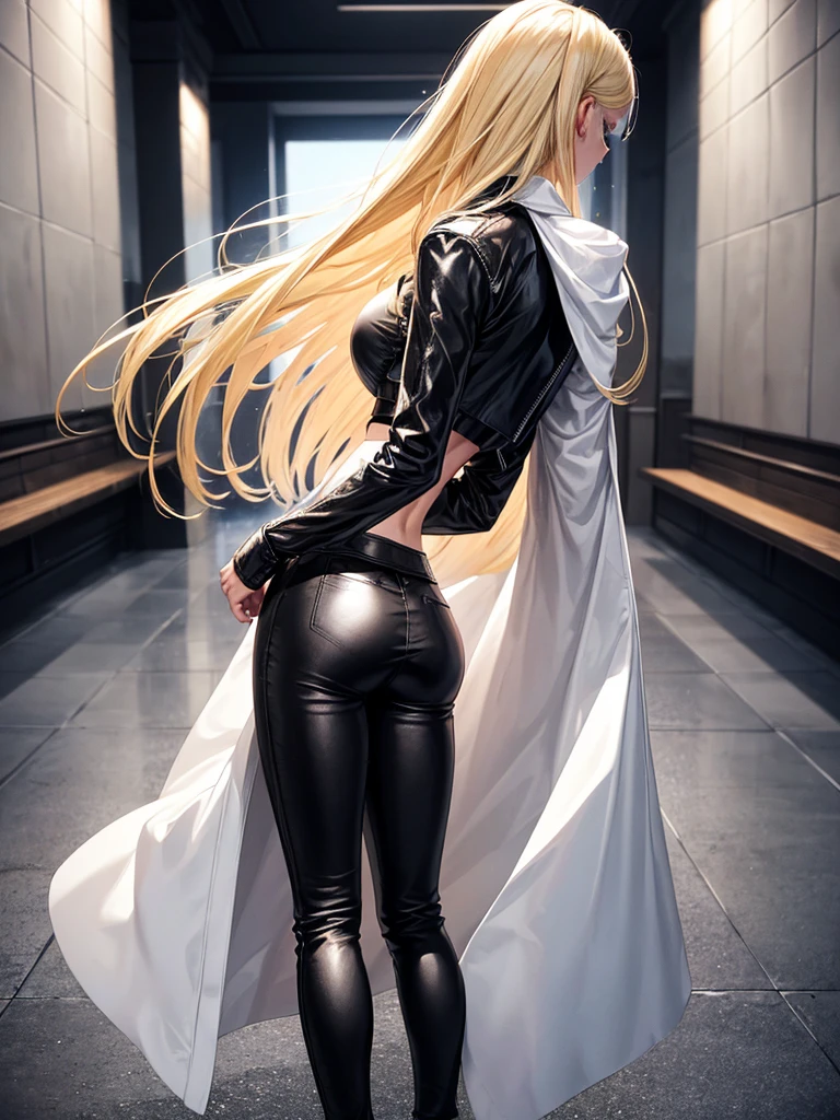 A blonde girl, pretty girl, standing, wearing black leather crop top, wearing black leather pants, wearing white long overcoat, pretty, blonde girl, full view, beautiful, a beautiful noy Standing in front of her ((backside of the boy)) beautiful tall handsome mascular man, ((man's hair color black))