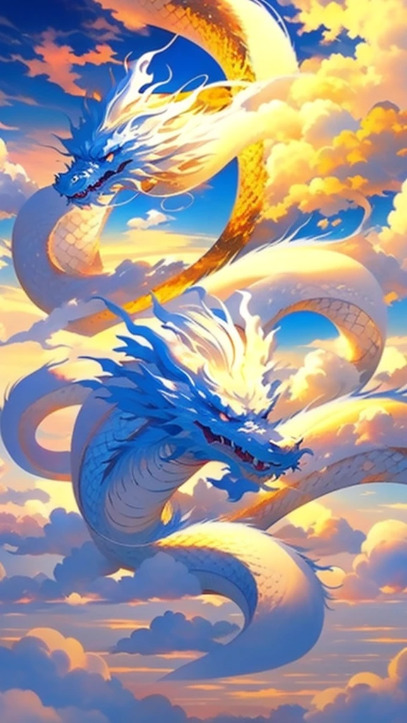 White Dragon，Above the Clouds，Fire and sun in the background、Golden Dragon、Silver Dragon