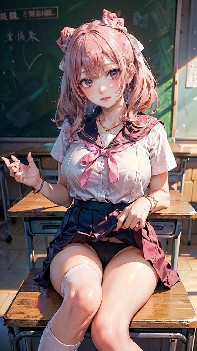 (Masterpiece, BestQuality:1.3), (ultra detailed:1.2), (hyperrealistic:1.3), (RAW photo:1.2), High detail RAW color photo, professional photograph, (Photorealistic:1.4), (realistic:1.4), (Pink Hair:1.5), professional lighting, perfect anatomy, (Big Breasts:1.2), (blush, detailed face), (cheerful Smile:1.5), Trending Hair&Trending Hairカラーをランダムに, earrings, necklace, bracelet, sexly, erotic sexly, Random sexy gravure poses, (A beautiful girl in a sailor suit、While sitting on a desk in the classroom, she lifted her skirt with both hands.、Smiling mischievously。The white knee socks and ribbon blouse are adorable.。: 1.3)