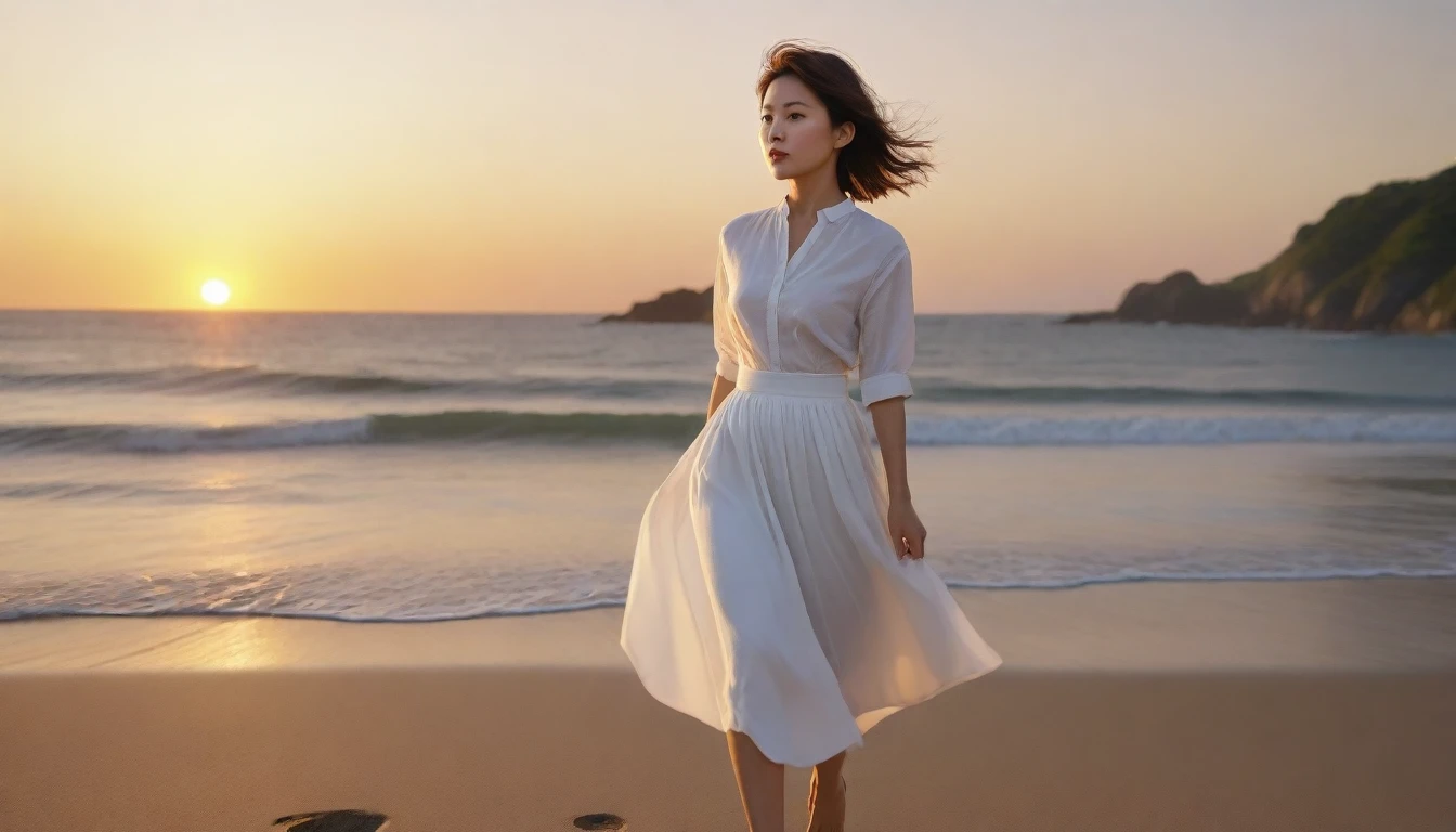 8k realistic, lifelike photo, Realistic appearance of nature, , Woman walking along the beach at sunset. Viewed from a distance with a wide-angle lens , Front view of Asian woman wearing white light skirt, burning sunset light, 1 woman, Short in stature, Short medium hair slightly blowing in the wind, look at the camera
