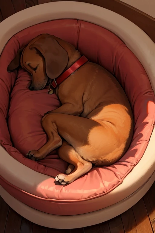 hight quality, Uplifting, a dog only, Miniature Dachshund, brown, a red collar, sleep in a  sofa, close eyes, curl up in a circle