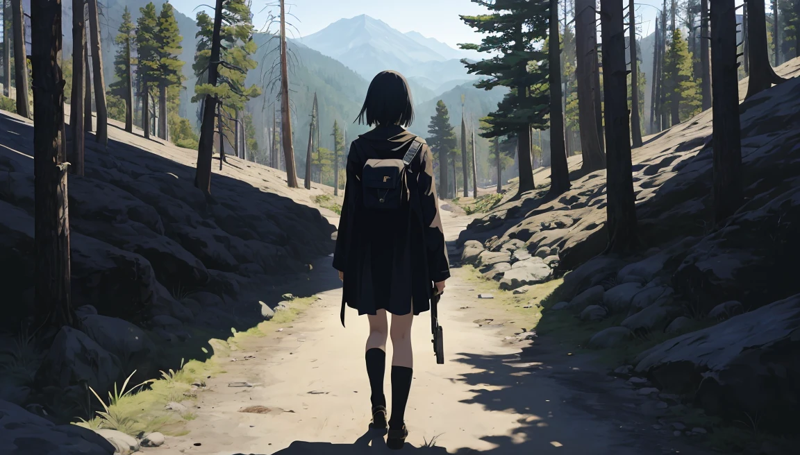 girl、alone,Temporarily stop, whole body, 、Holding a handgun、Dim mountain road、Anime illustration