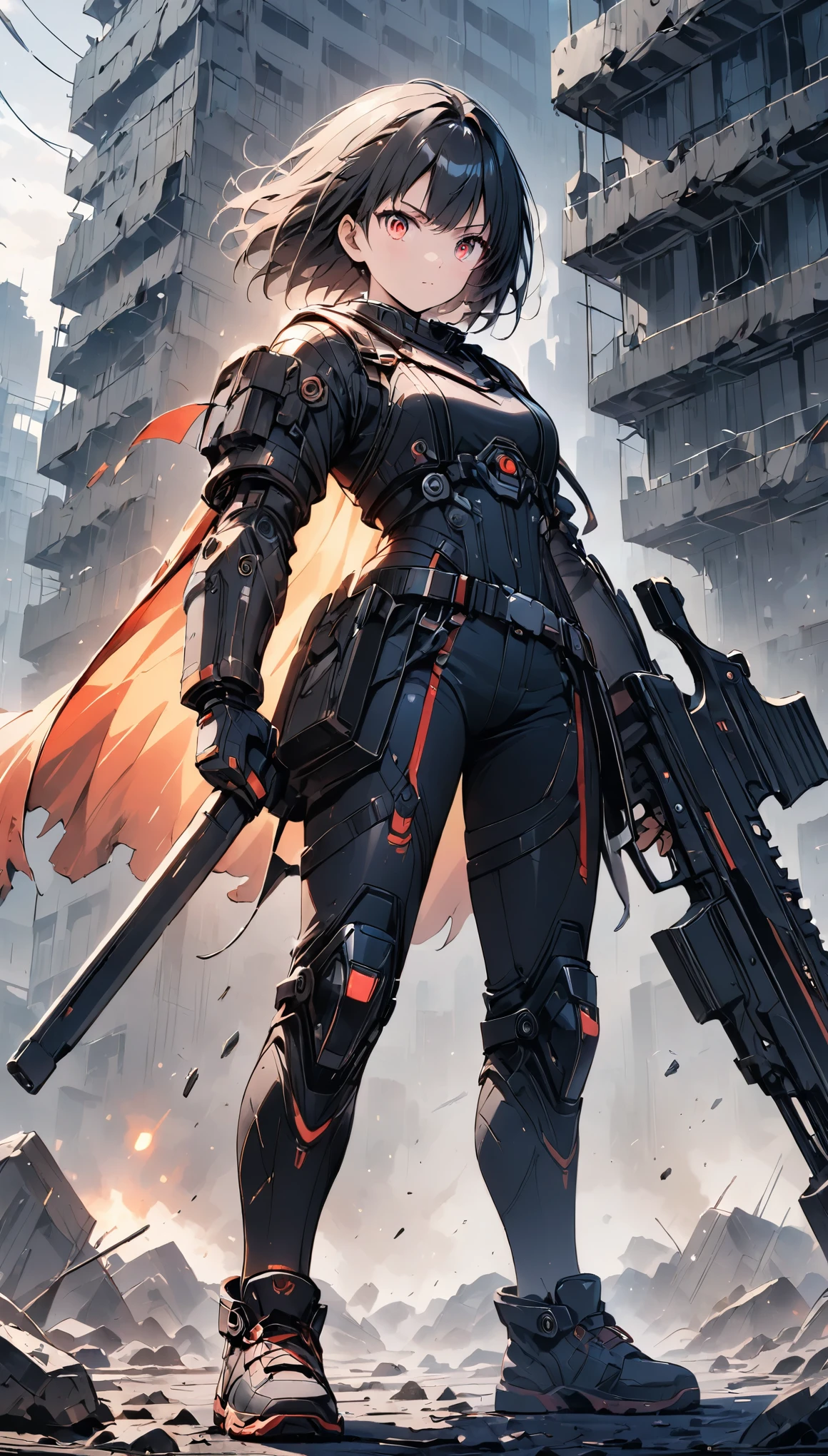 (anime style:1.4),超High resolution, Attention to detail, high quality, High resolution, 最high quality, 4K, 8K,A young female warrior in a high-tech black powered exosuit with glowing red LED accents, standing on rubble in a post-apocalyptic setting, photorealistic anime style, short black bob hairstyle, glowing red eyes, holding a rifle in one hand, ((wearing a tattered, billowing robe that is heavily damaged and frayed)), confident and fierce expression,かわいい