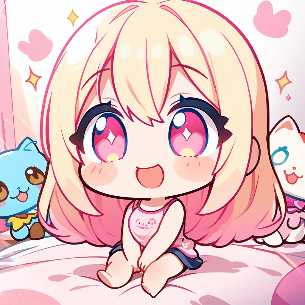 masterpiece, best quality, 4k、2D Illustration、one beautiful girl、solo、(((chibi style)))、((vivid colors))、cute chibi、lovely chibi、long beautiful hair, glossy light blonde hair, hair between eyes, cute、beautifully detailed eyes、((tank top))、((miniskirt))、(colorful))、((happy smile))、sitting on bed、((full body shot))、((kitten)), ((lots of pink stuff around))、((bed))、sparkle、((lens flare))、