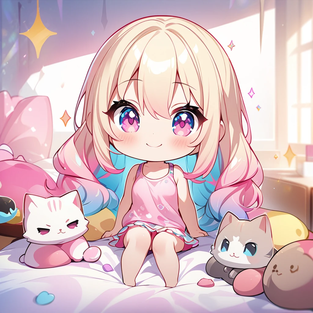 masterpiece, best quality, 4k、2D Illustration、one beautiful girl、solo、(((chibi style)))、((vivid colors))、cute chibi、lovely chibi、long beautiful hair, glossy light blonde hair, hair between eyes, cute、beautifully detailed eyes、((tank top))、((miniskirt))、(colorful))、((happy smile))、sitting on bed、((full body shot))、((kitten)), ((lots of pink stuff around))、((bed))、sparkle、((lens flare))、