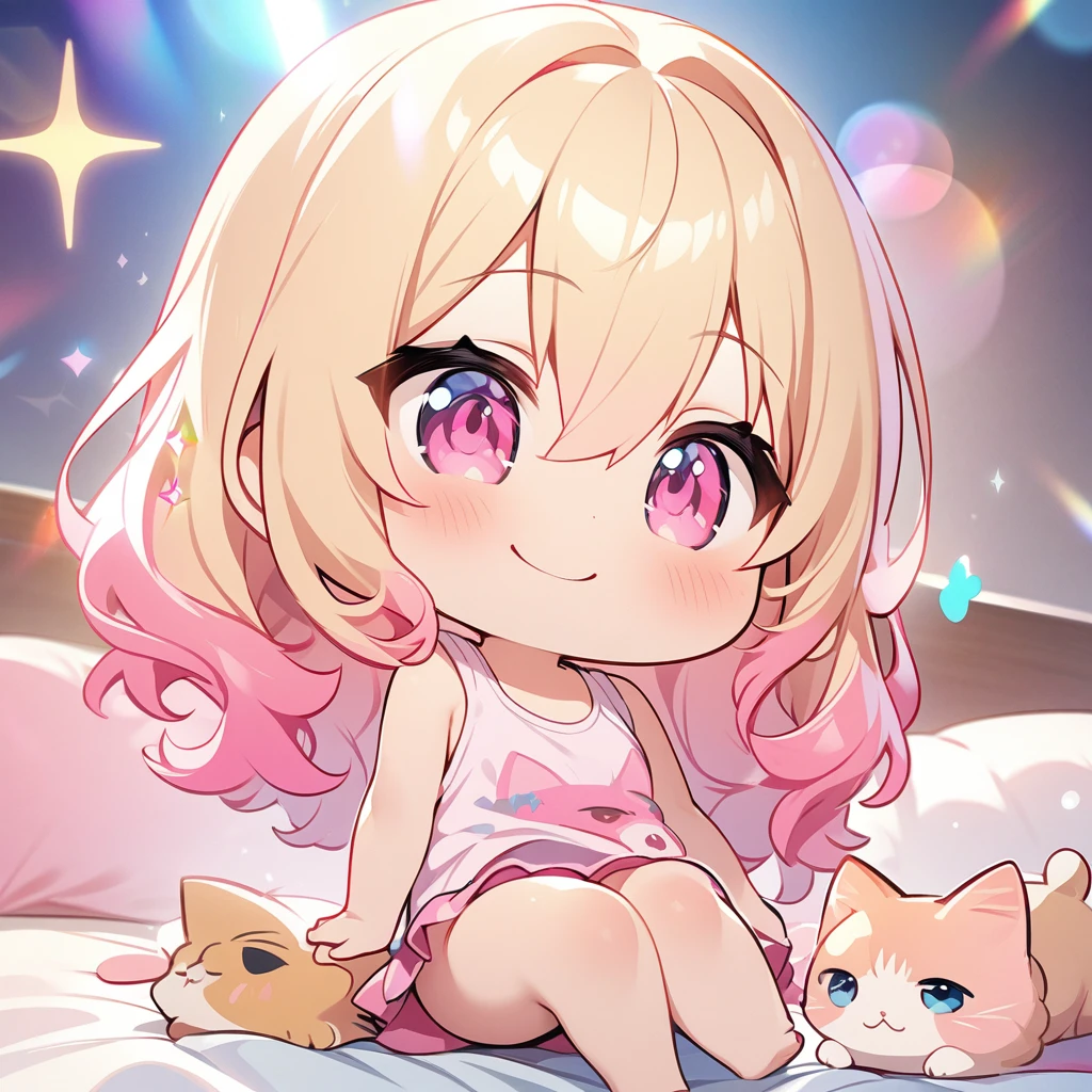 masterpiece, best quality, 4k、2D Illustration、one beautiful girl、solo、(((chibi style)))、((vivid colors))、cute chibi、lovely chibi、long beautiful hair, glossy light blonde hair, hair between eyes, cute、beautifully detailed eyes、((tank top))、((miniskirt))、(colorful))、((happy smile))、sitting on bed、((full body shot))、((kitten)), ((lots of pink stuff around))、((bed))、sparkle、((lens flare))、